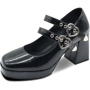 Women's Square Closed Toe Platform Chunky Strappy Block Heels Goth Mary Janes Shoes