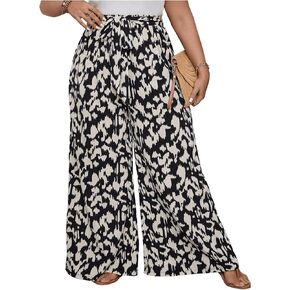WDIRARA Women's Allover Print Elastic High Waist Tie Front Belted Wide Leg Pants