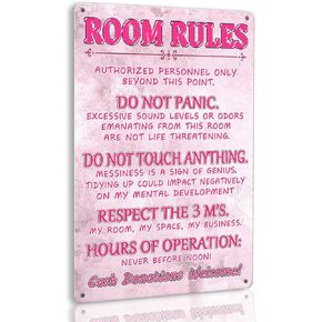 Pink Teen Girl Bedroom Decor - Cute Metal Tin Sign With Room Rules, Aesthetic and Preppy Decorations for Bedroom, 12 X 8 Inch