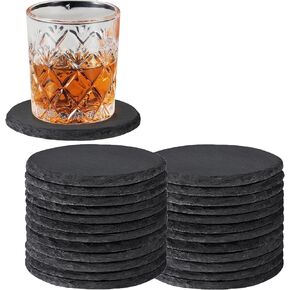 36 PCS Coasters for Drinks, 4 Inch 18 PCS Black Square Slate Coasters Bulk, 18 PCS Round Stone Coasters Natural Handmade Coasters for Laser Engraving, Halloween Christmas, Home Decor, Gifts