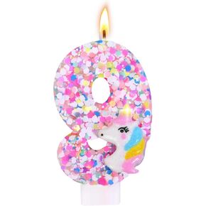 Unicorn Number Birthday Candles Decoration, Unicorn Themed Birthday Party Supplies, Glitter Sequin Birthday Cake Topper for Boy Girl Kids (Colorful Unicorn, Number 4)