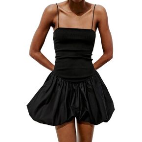 Women Summer Sleeveless Mini Dress Smocked Neck Spaghetti Strap Rib Poplin Balloon Dress Bubble Skirt Short Dress