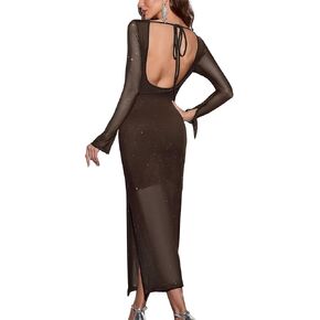 Womens Sexy Sequin Sparkly Glitter Dress Long Sleeve Tie Backless Party Club Maxi Dress