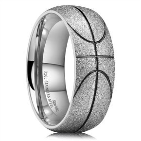 King Will Stainless Steel Men Ring Basketball Men Wedding Ring, 8mm Arc Design with Etched Basketball Pattern Men Ring, Stainless Steel Men Ring Aged Silver/Gold Finish with Black Grooves Size 7-14