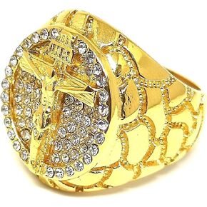 Fanshu Stainless Steel Jesus Cross Iced Out Gold Plated Religious Statement Ring with Cubic Zirconia Stones for Men Women Friends Gift Fashion Hip Hop Jewelry