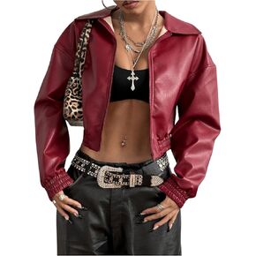 Women's Y2K Faux PU Leather Jacket Crop Zip Up Motorcycle Coat Long Sleeve Drop Shoulder Motor Bike Jacket Streetwear