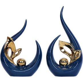2 PCS Navy Blue Gold Home Decor Accent Ceramic Statue Abstract Sculpture Centerpieces Mid Century Modern Decor for Tables Coffee Table top Decorations for Living Room Desktop Shelf Dining Room Kitchen