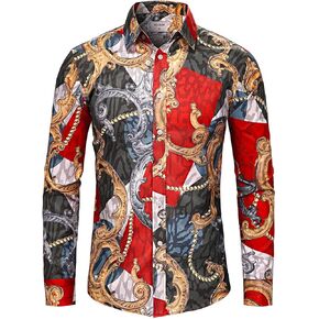 قمصان رجالي بسلسلة Buchona باللون الأسود والذهبي، قميص حريري بأكمام طويلة وطباعة باروكية فاخرة in Kuwait