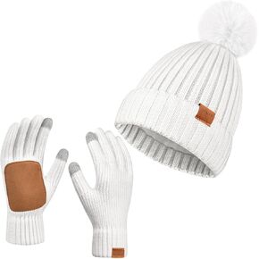 Womens Winter Beanie Hat with Pom and Touchscreen Gloves Set，Soft Warm Knit Cap and Gloves with Faux Suede for Cold Weather