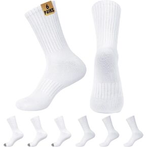 MUQU Mens White Crew Socks - Sports Thin Athletic Breathable Running Long Socks 6 Pairs