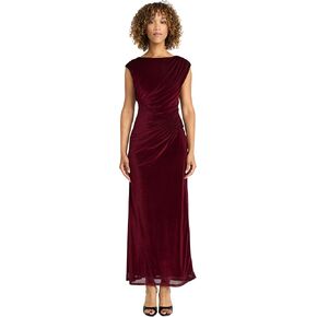Maggy London Women's Elegant Floor-Length Gown-Fitted Silhouette with Cap Sleeves-Boat Neck Maxi Dress for Special Occasions