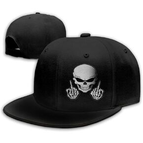 Negi Skull Middle Finger Flat Bill Hats Snapback Hat for Men Brim Baseball Cap for Men Adjustable Cool Rock N Roll Caps for Mens Dad Hip Hop