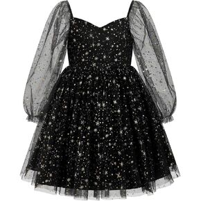 ABAFIP Girls Sparkly Tulle Long Sleeve Dress Sweetheart Mesh Sheer Birthday Wedding Party Glitter Tutu Dress