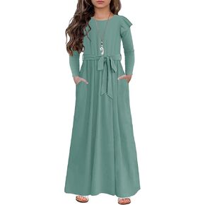 Girls Ruffle Long Sleeve Tie Waist A Line Smoked Casual Flowy Long Maxi Dress with Pockets Size 6-13Y