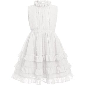 Toddler Kids Girls Summer Sleeveless Ruff Collar Swiss Dot Chiffon Tiered Dress Tutu Princess Birthday Party Dress