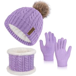 3PCS Kids Winter Hat Scarf Gloves Set Knit Thick Warm Toddler Pompom Beanie Neck Warmer for Girls Boys