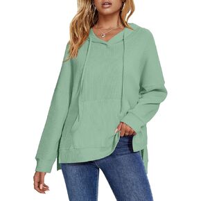 ALIMASHA Womens Hoodies Waffle Knit Tops Long Sleeve Drawstring Casual Oversized Hoodies Pullover Sweatshirt with Pocket