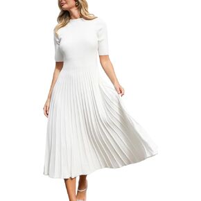 CUPSHE Women Casual Fall Dress 2024 Round Neck Short Sleeve Ribbed Knit Pleated A Line Midi Pullover Sweater Dress
