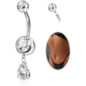 G23 Titanium Dangle Belly Ring for Women Hypoallergenic Teardrop Dangling Belly Button Ring Internally Threaded Curved Dangly Navel Ring Shiny CZ Belly Piercing Jewelry 6/8/10/12/14/16mm