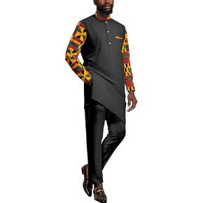 African Suit for Men Dashiki Kente Shirt Pants 2 Piece Set Outfits Attire Nigerian Wedding Clothing