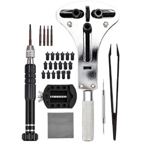 Watch Battery Replacement Tool, 3 Point Large Wrench for Watch Case Open and Watch Back Removal with 18 Bits, Watch Holder, Anti-Static Tweezers and 7.08'' x 7.08'' Cleaning Cloth