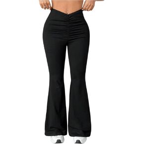 GORGLITTER Women's Lettuce Trim Bell Bottom Flare Pant Elastic High Waist Wide Leg Pants