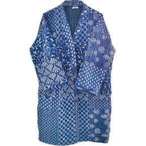 Indigo Print Women wear Handmade Comfortable Kantha Kimono Jacket Front Open Wear Mid-Length Lightweight Cotton Jacket (Blue)