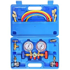 3 Way AC Manifold Gauge Set, HVAC Diagnostic Charging Tool for Auto Household R404A R134A Refrigerant, with 5FT Hose, Adjustable Quick Coupler, Can Tap and Adapter