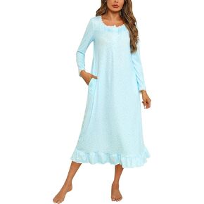 Marvmys Womens Cotton Long Sleeve Nightgown Long Sleepshirts Lace Trim Victorian Sleepwear with Pockets