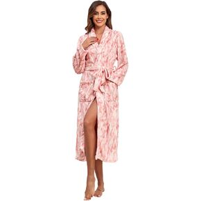 RONGTAI Long Fleece Robes for Women, Rabbit Printed Womens Robe with Belt and Pockets, Warm and Soft