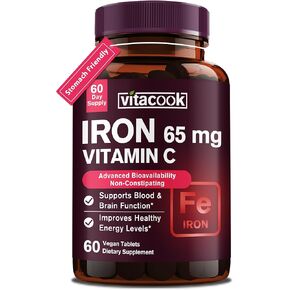 Vitacook Iron Supplement for Women and Men, High Potency Iron with Vitamin C, Blood, Energy, Muscle & Immune System Support, Vegan, 60 Count