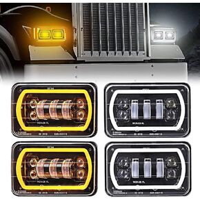 4Pcs 4x6 led headlights with White Yellow Halo Ring High Low Sealed Beam H4651 H6545 H4668 H4656 LED headlight Replacement Fit for Kenworth Semi Truck Peterbilt 379 Headlights