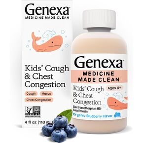 Genexa Kids' Day & Night Cough Combo Pack | Childrens Liquid Daytime Cough & Chest Congestion Relief | Nighttime Cough Suppressant + Runny Nose & Sneezing Relief for Kids 6+ | Blueberry Flavor, 4 FLOz