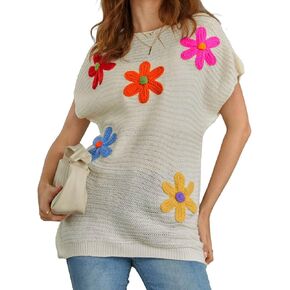 Milumia Women's Color Block Flower Short Sleeve Sweater Plullover Knit Tops