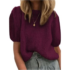 GORGLITTER Women's Puff Sleeve Crewneck Knit Shirt Top Short Sleeve Solid Loose Sweater