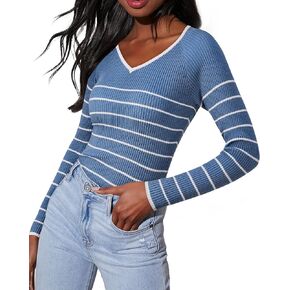 Women's 2024 V Neck Sweaters Fashion Fitted Long Sleeve Ribbed Knitted Pullover Trendy Business Work Tops