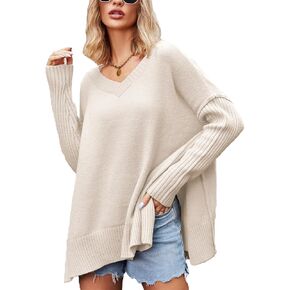 hathne Oversized V Neck Sweater for Women Casual Long Sleeve Side Split Hem Pullover Top 2024 Knit Tunic Jumper