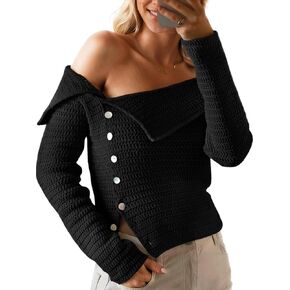 Saodimallsu Womens Off The Shoulder Sweater Long Sleeve Y2k Button Trendy Knitted Asymmetric Crop Tops