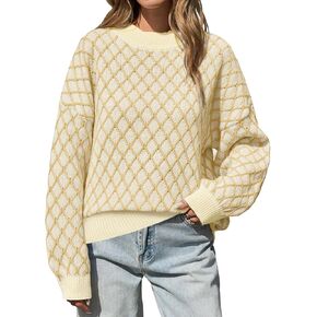 Saodimallsu Womens Checkered Argyle Sweater Mock Neck Oversized Puff Sleeve Knit Drop Shoulder Pullover Tops