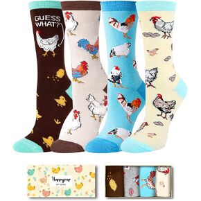 HAPPYPOP Funny Chicken Lady Gifts for Chicken Lovers - Rooster Socks Novelty Chicken Socks Rooster Henny Socks 4 Pack