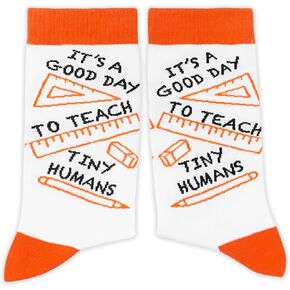 Teacher Must Haves Socks, It’s A Good Day To Teach Tiny Humans, Gifts for Teachers, Wife, Husband, Mom, Dad, Orange Socks, Favors for Christmas, Birthday, Teacher’s Day, Back-to-school Season.(005)