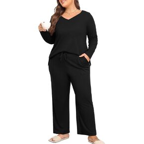 Women's Plus Size 2 Piece Pajama Lounge Sets Knit Outfits Long Sleeve V Neck Tops Wide Leg Pants with Pockets in Kuwait