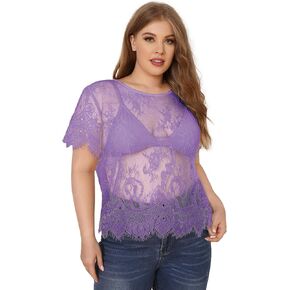 WDIRARA Women's Plus Size Sheer Mesh Lace Top Sexy Scallop Trim Blouse