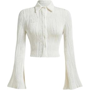 SweatyRocks Women's Textured Button Down Shirt Long Bell Sleeve Slim Fit Casual Work Office Blouse Tops