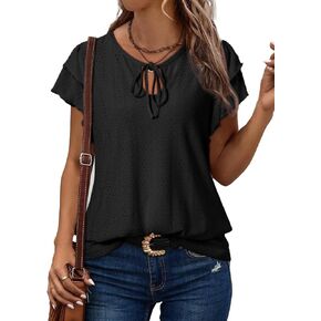 Dokotoo Women's Summer Tops Dressy Casual Ruffle Short Sleeve Hollow Out Embroidered Boho Drawstring Shirts Blouses