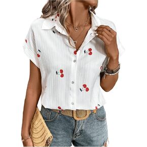 SweatyRocks Women's Cherry Print Short Sleeve Blouse Collar Button Down Textured Casual Shirts