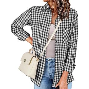 Womens Button Down Shirts Plaid Shirt Cotton Long Sleeve Oversized Blouse Casual Tunic Tops Chest Pocket
