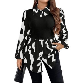 OYOANGLE Women's Plus Size Graphic Print Lantern Long Sleeve Blouses Button Front Collared Peplum Tops