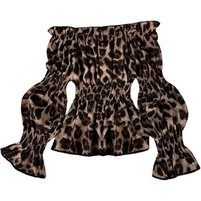 SOLY HUX Women's Leopard Print Blouse Off Shoulder Flounce Long Sleeve Ruffle Hem Peplum Tops