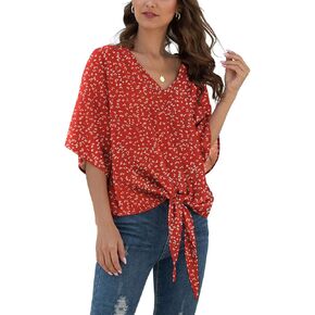 VIISHOW Womens Tie Front Chiffon Blouses V Neck Batwing Short Sleeve Summer Floral Tops Shirts
